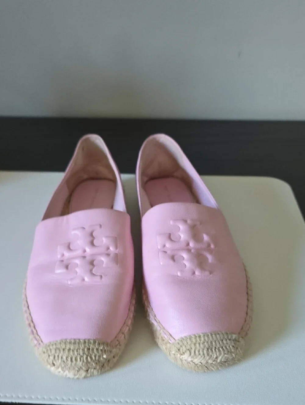 Tory Burch Pastel Pink Leather Espadrille Flats with Logo